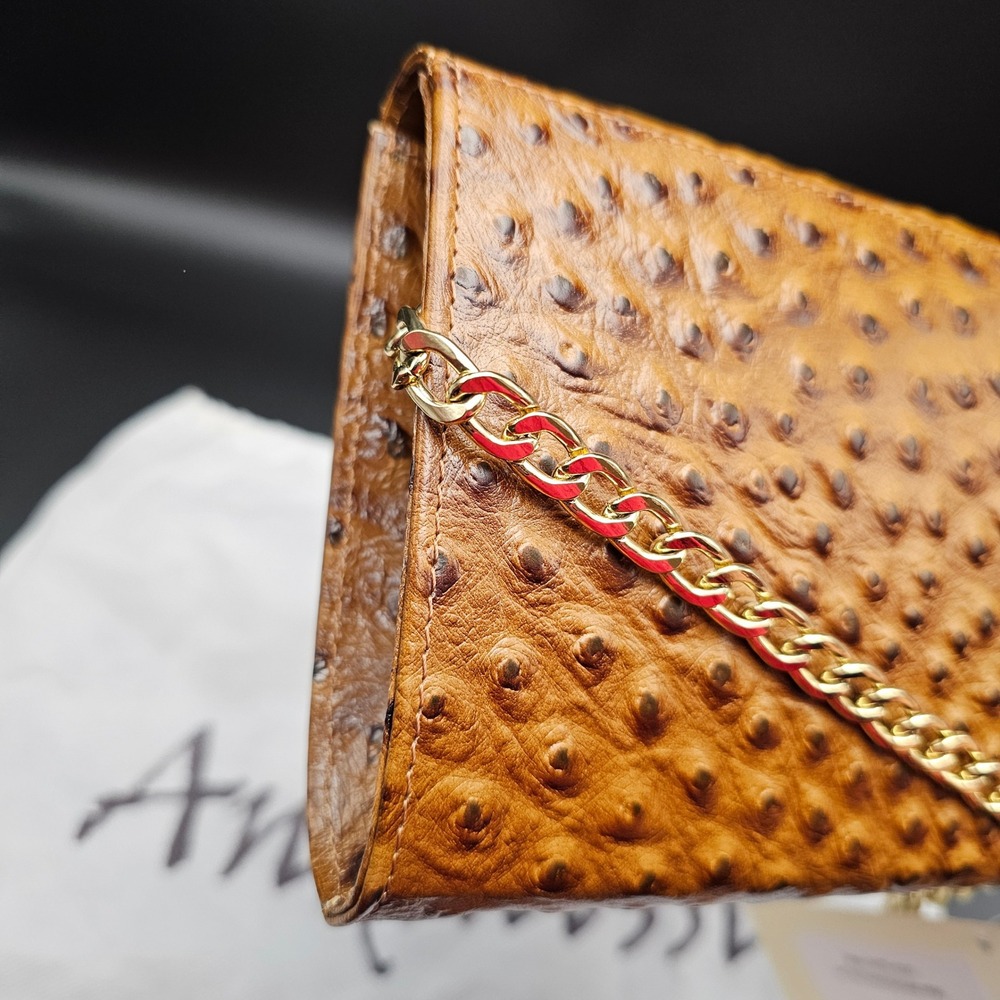 Andalossi Ostrich Embossed Leather Crossbody Flap Chain Shoulder Bag‎ Gold Tan - Picture 11 of 16